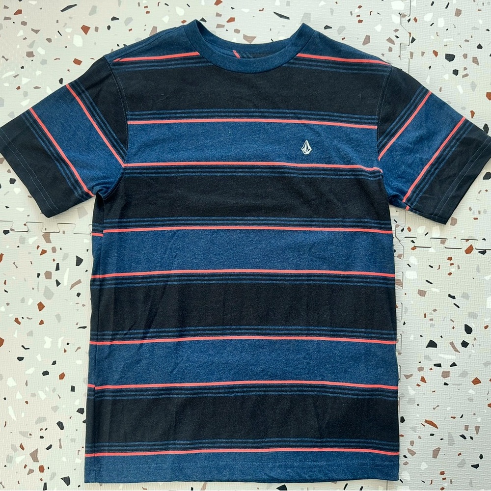 Boys Volcom Blue and Black Striped Short Sleeve Tee